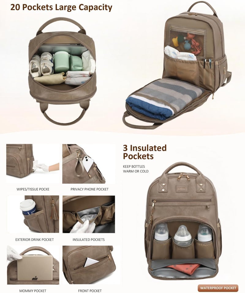 ROSEGIN Premium Vegan Leather Diaper Bag Backpack with Waterproof Changing Pad, Reinforced Zippers & Odor-Free, 20 Pockets Pro Organizer, Fits 15.6" Laptop, Stroller Straps, Baby Bag for Mom, Taupe - Image 2